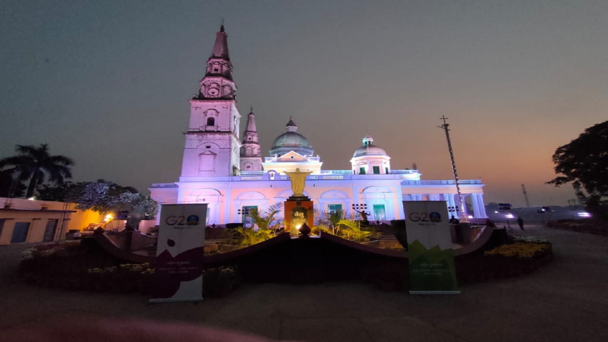 Historical Sardhana Church decorated with G-20 logo, see photos