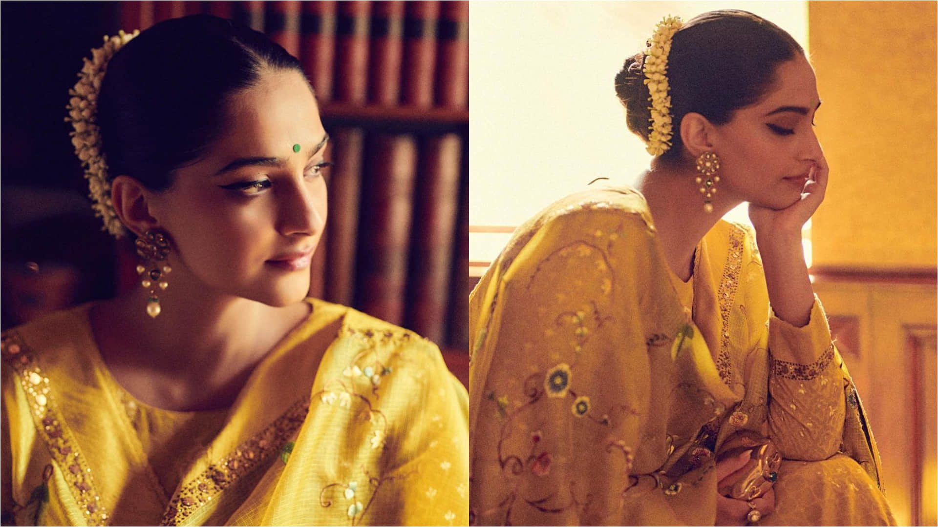 sonam kapoor yellow anarkali suit with green bindi and gajra look simply wow
