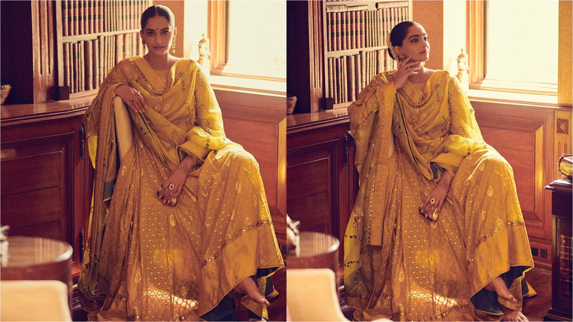 sonam kapoor yellow anarkali suit with green bindi and gajra look simply wow