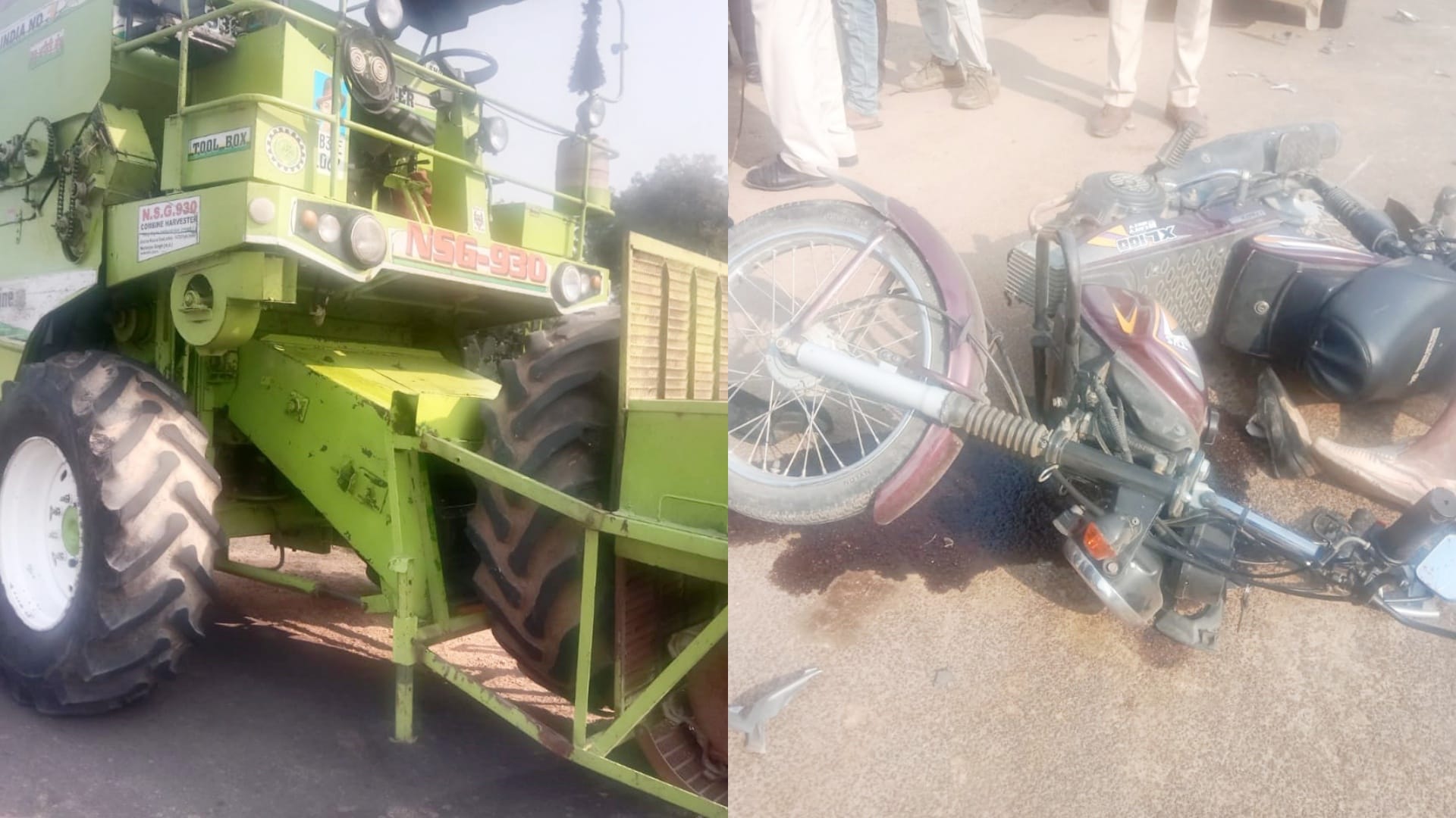 Bike rider Died one injured after being hit by harvester in Chhatarpur