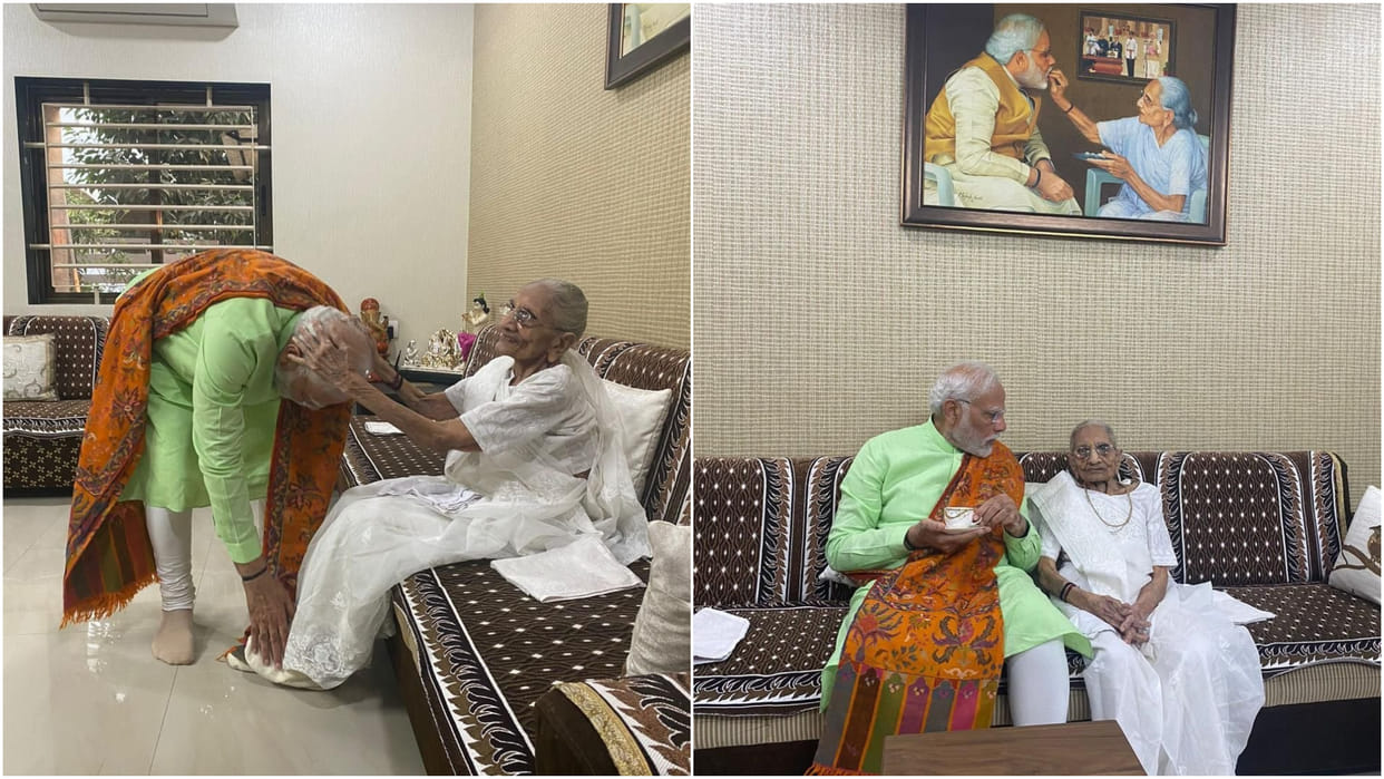 Prime Minister Narendra Modi at the residence of his mother Heeraben Modi in Gandhinagar Gujarat Video Updates