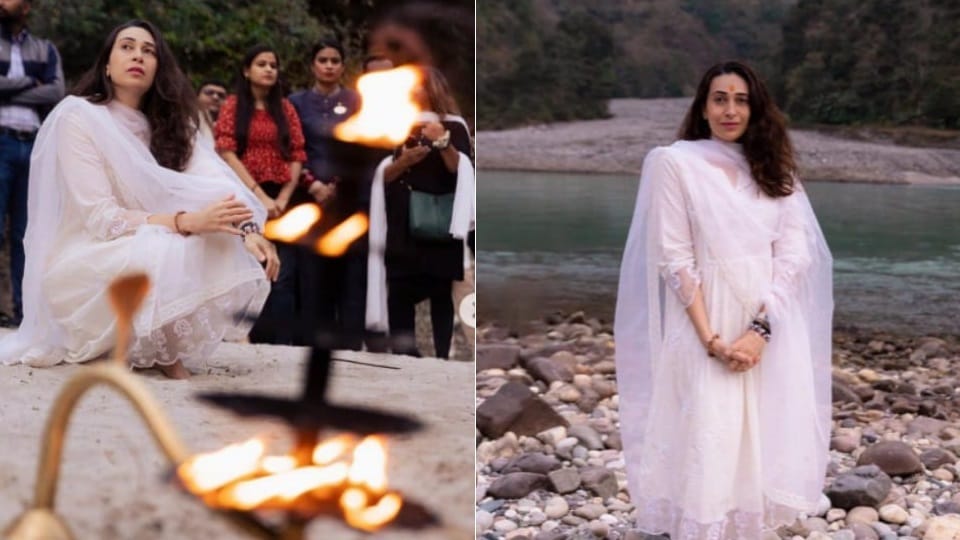 Bollywood Actress karishma kapoor reached Rishikesh and spent time on bank of ganga river