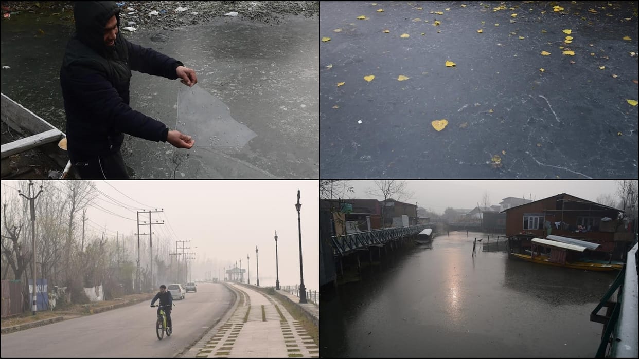 srinagar Dal lake started freezing coldest night recored in Pahalgam kashmir weather photos