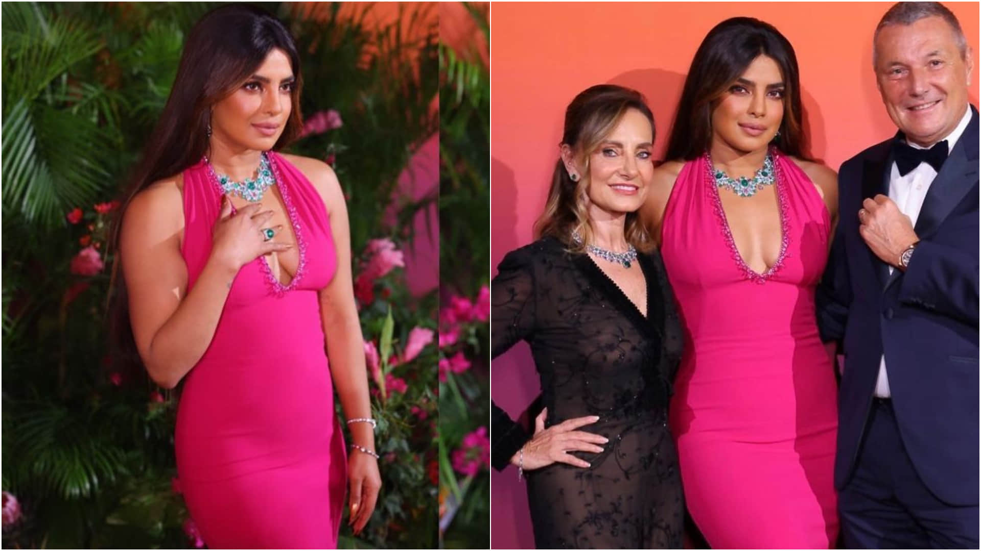 priyanka chopra fuchsia pink figure fitting dress nick jonas comment hot
