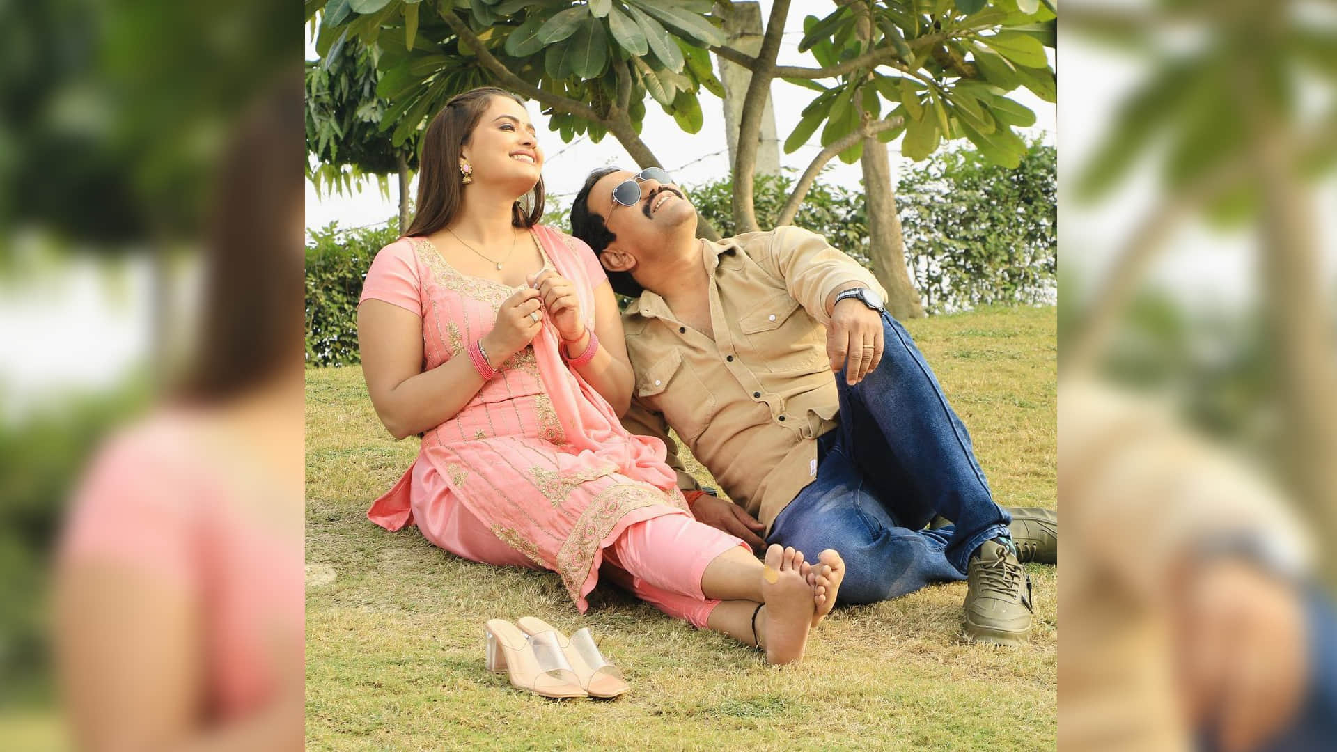 Bhojpuri neelam giri share photos with Actor Dinesh lal yadav nirahua from shooting of film rishton ka batwara