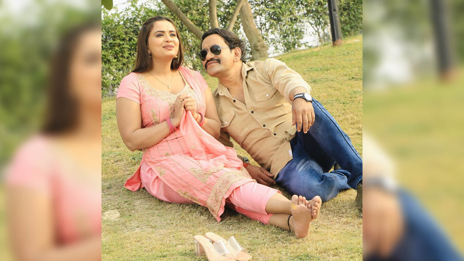 Bhojpuri neelam giri share photos with Actor Dinesh lal yadav nirahua from shooting of film rishton ka batwara