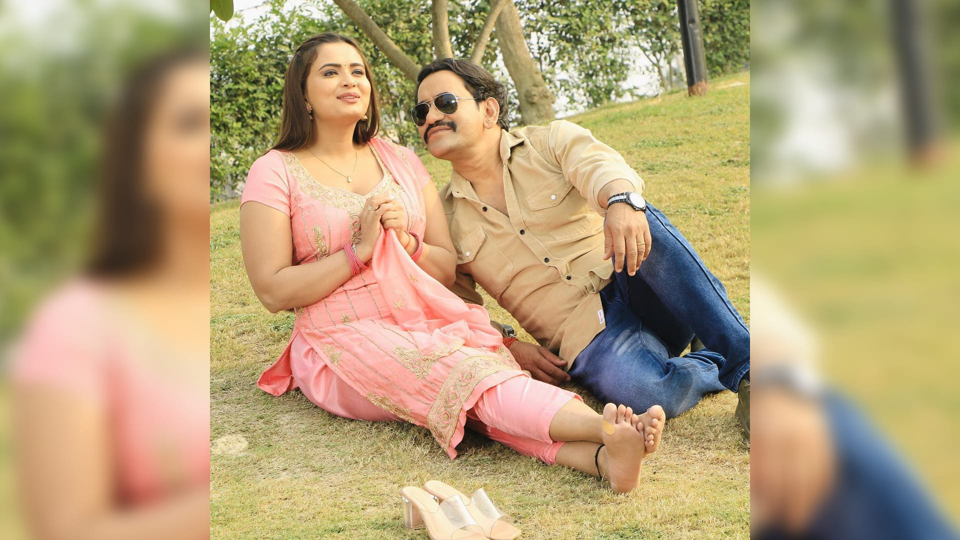 Bhojpuri neelam giri share photos with Actor Dinesh lal yadav nirahua from shooting of film rishton ka batwara