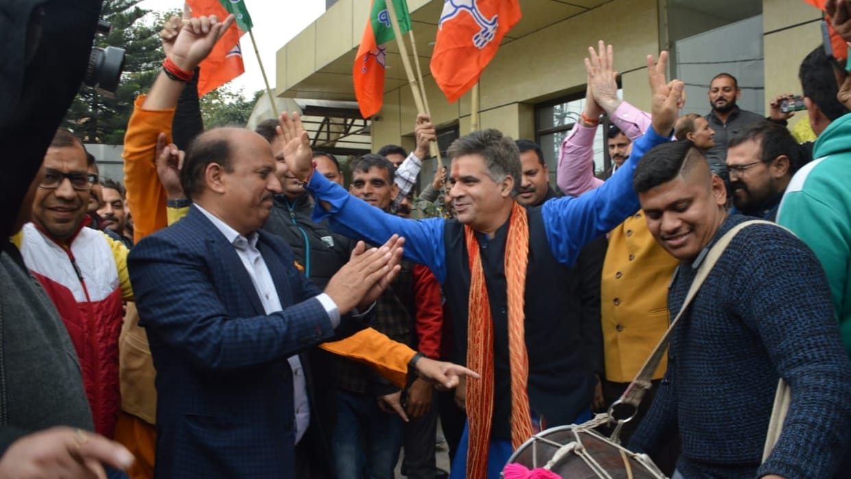 BJP celebrating victory in Gujarat Assembly elections at party headquarter Trikuta Nagar Jammu