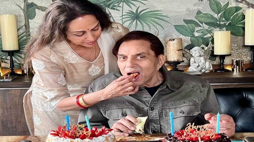 Actor Dharmendra celebrates his 87th birthday with Mathura MP Hema Malini in Mumbai