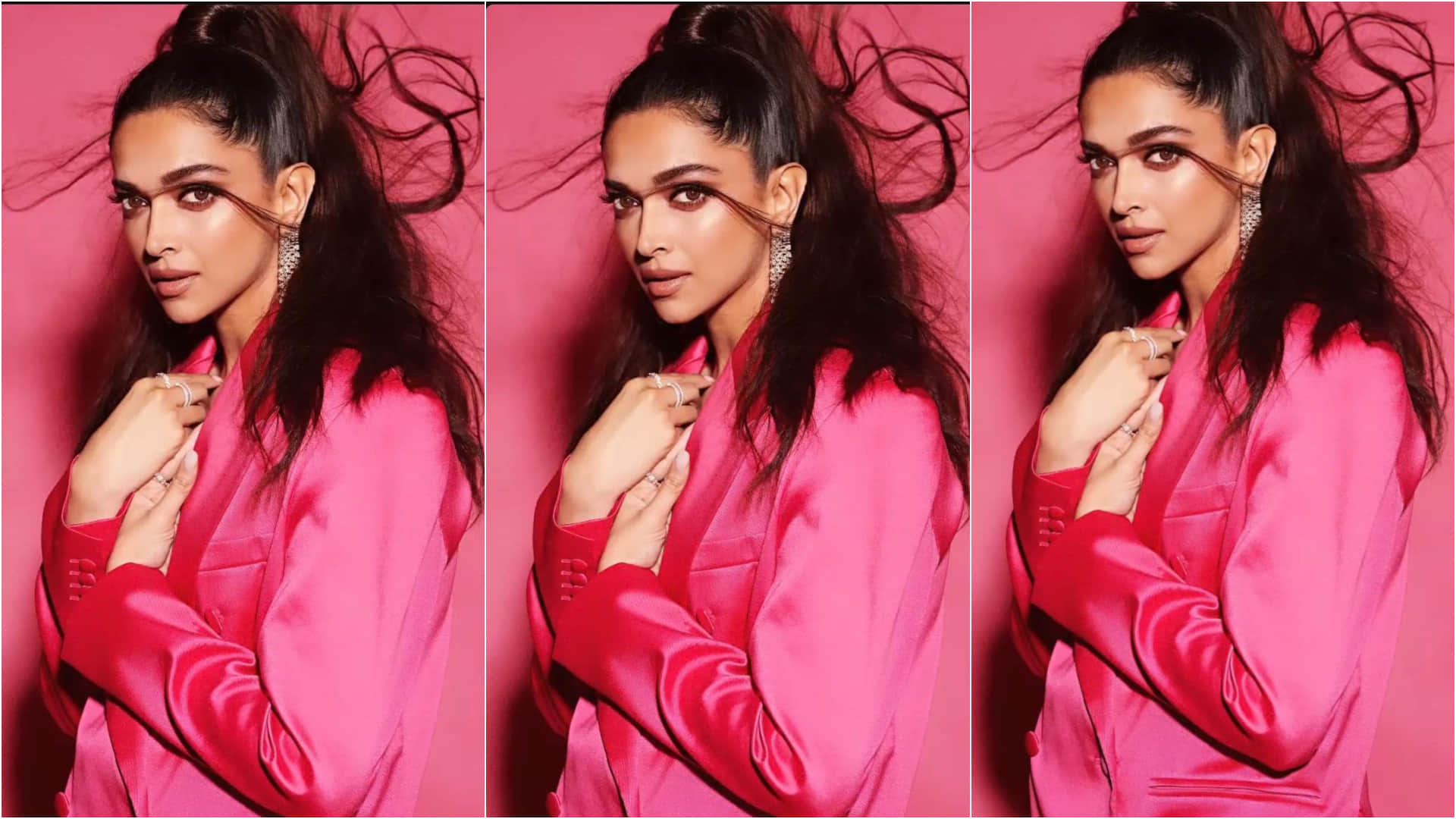 deepika padukone boss lady in pink pant suit high ponytail add drama