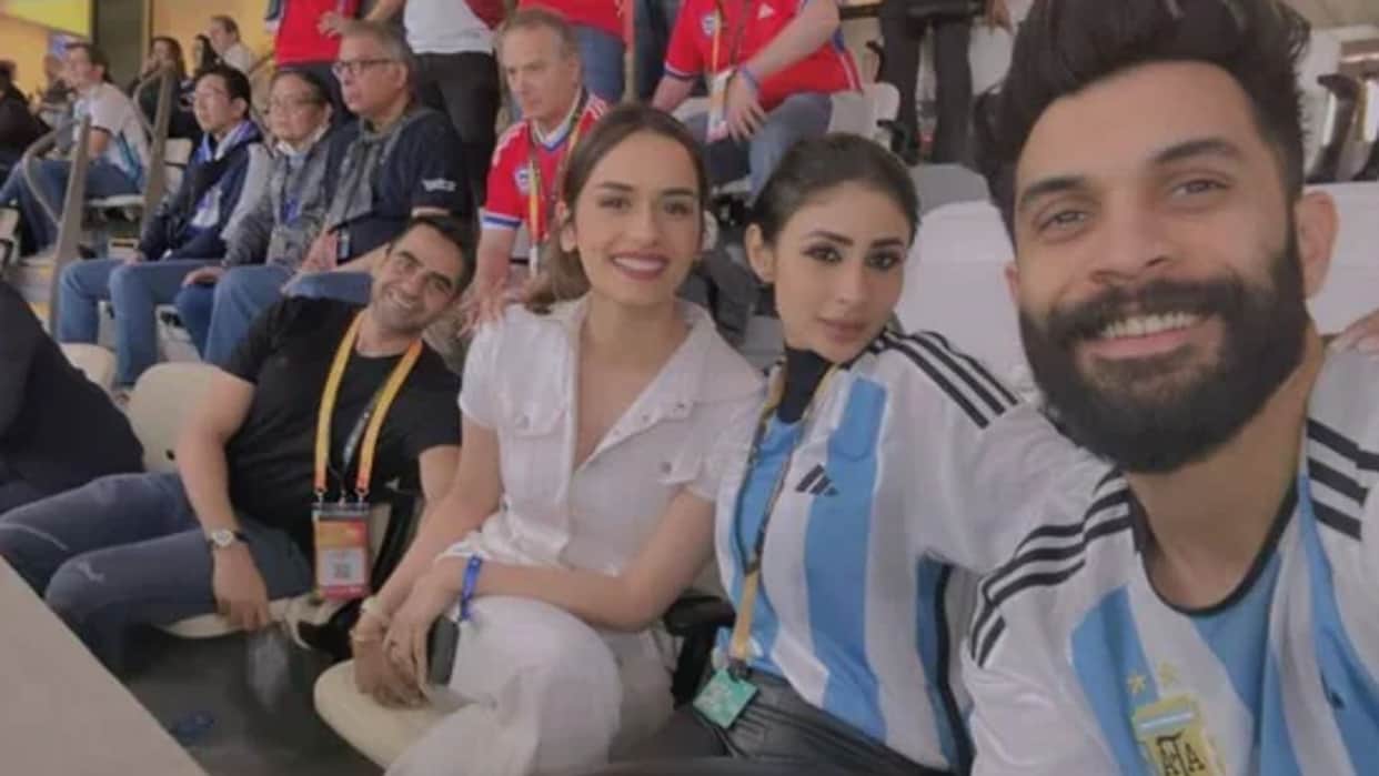 mouni roy suraj Nambiar attends fifa match with rumoured couple manushi Chhillar and nikhil kamath see pic