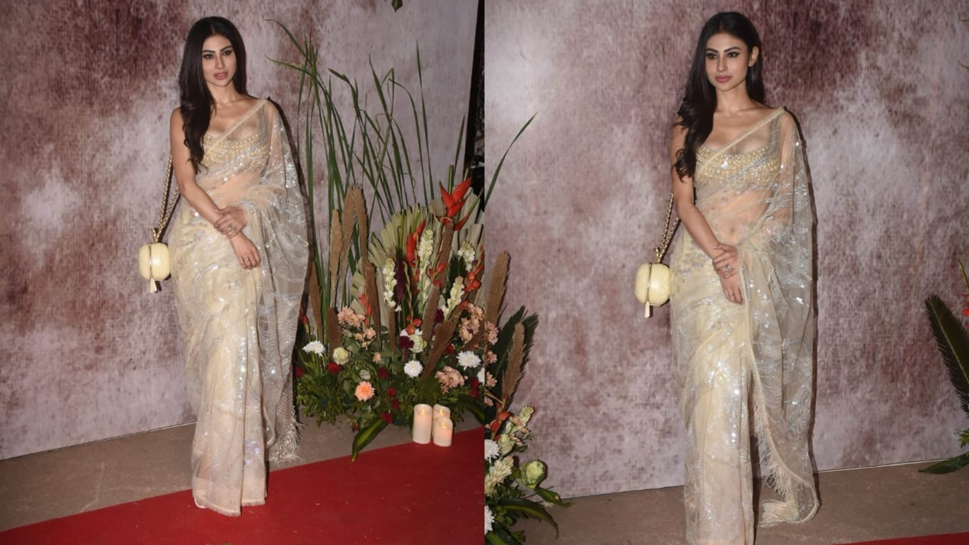 mouni roy sheer saree with hot blouse for guneet monga pre wedding bash