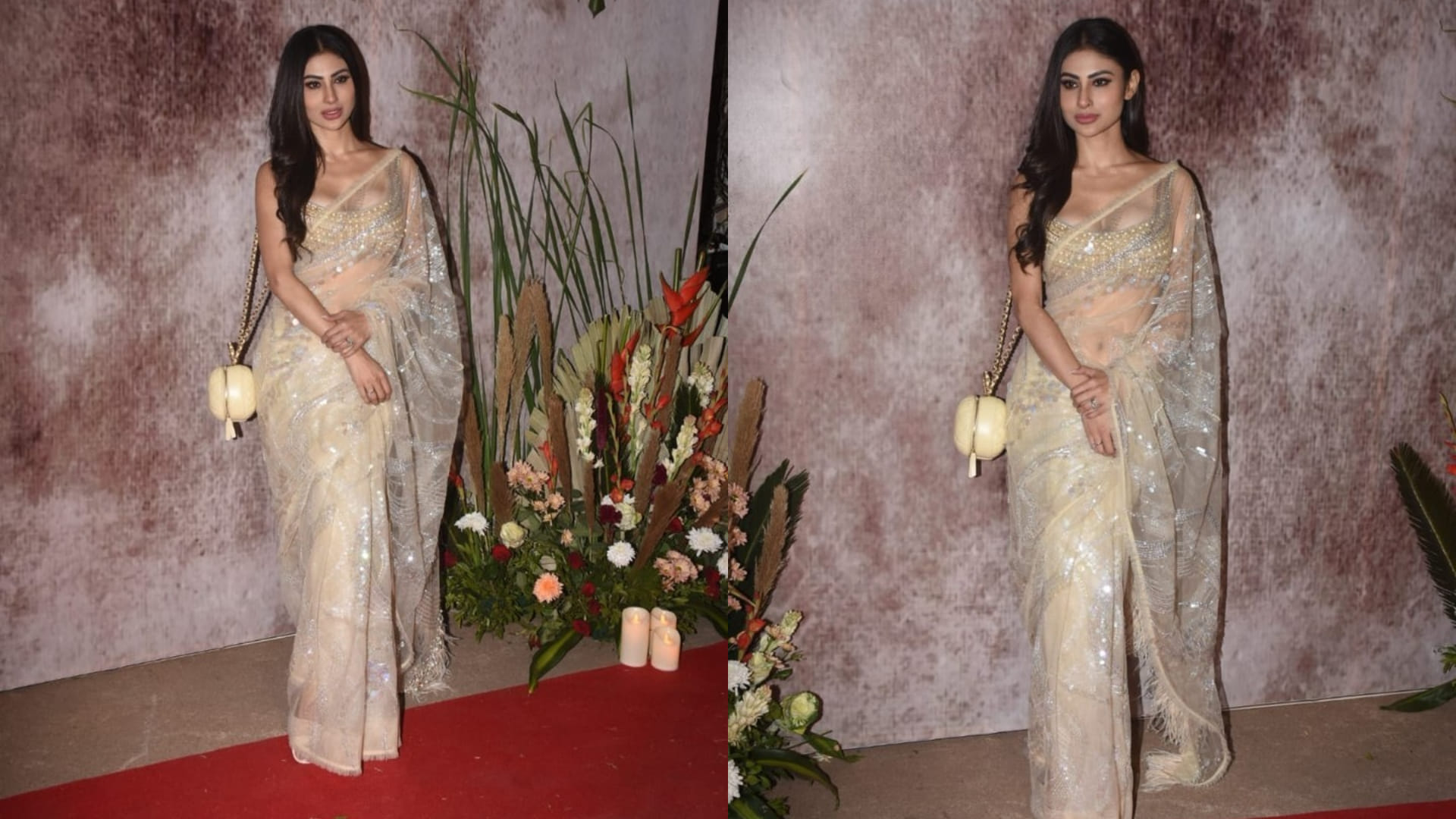 mouni roy sheer saree with hot blouse for guneet monga pre wedding bash