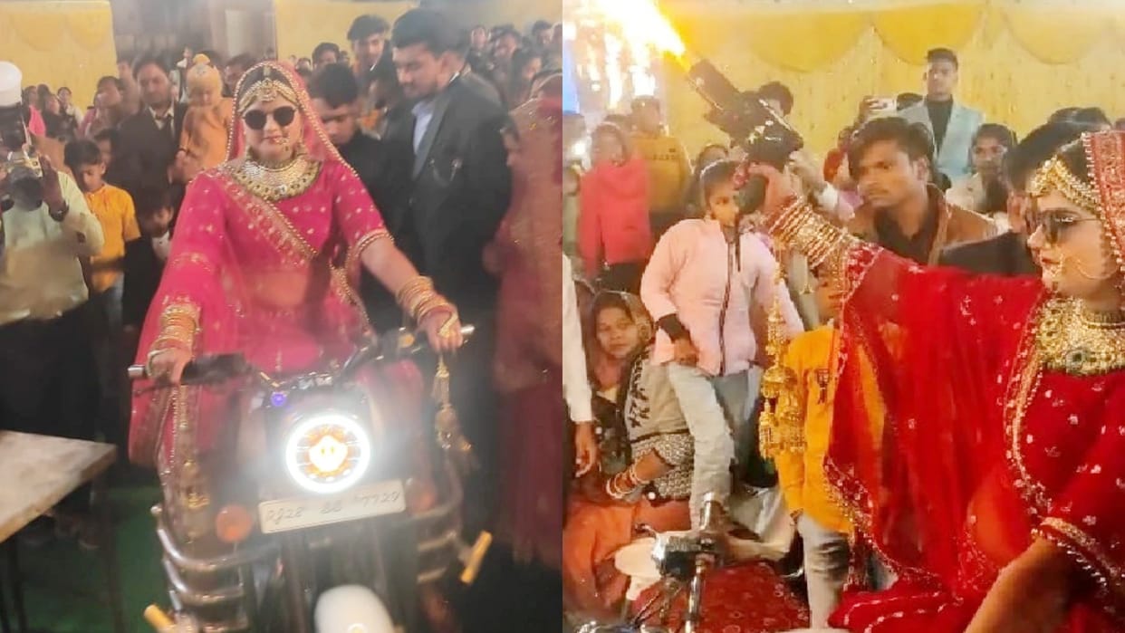 Rajasthan Unique Wedding Bride Arrival For Garland on bullet at wedding bride in Baran