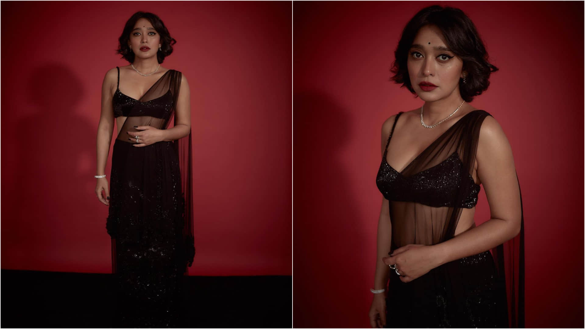 sayani gupta black saree in pre wedding party bash look stunning