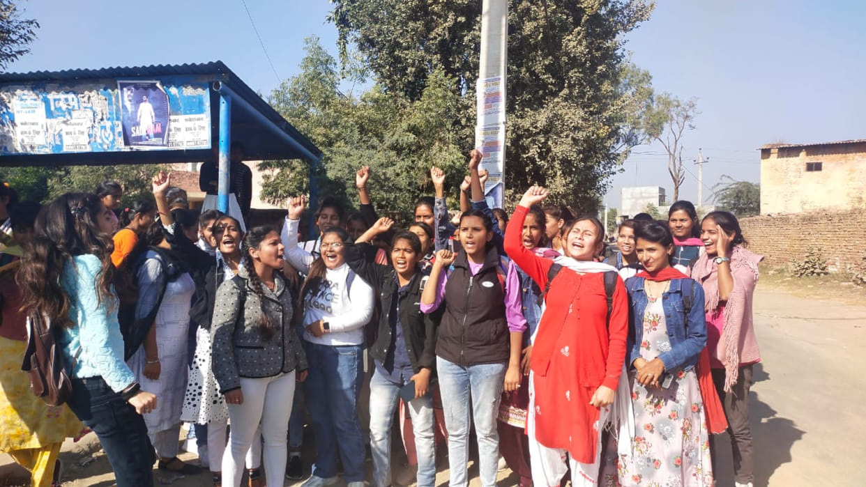 Girl students demonstrated outside the college in Fatehabad