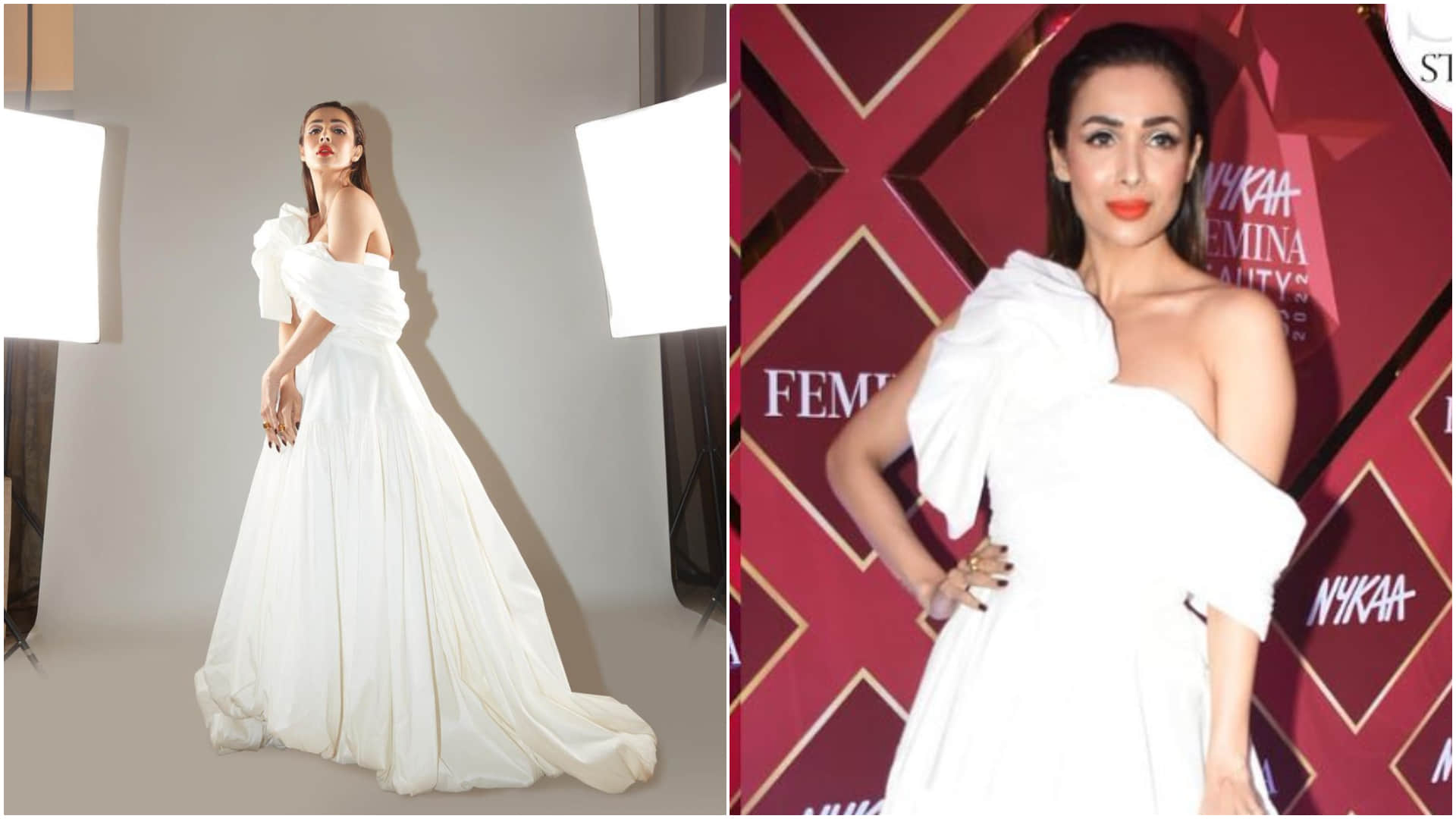 malaika arora nykaa femina beauty award show look in bold red lips with white gown cost can hole your pocket
