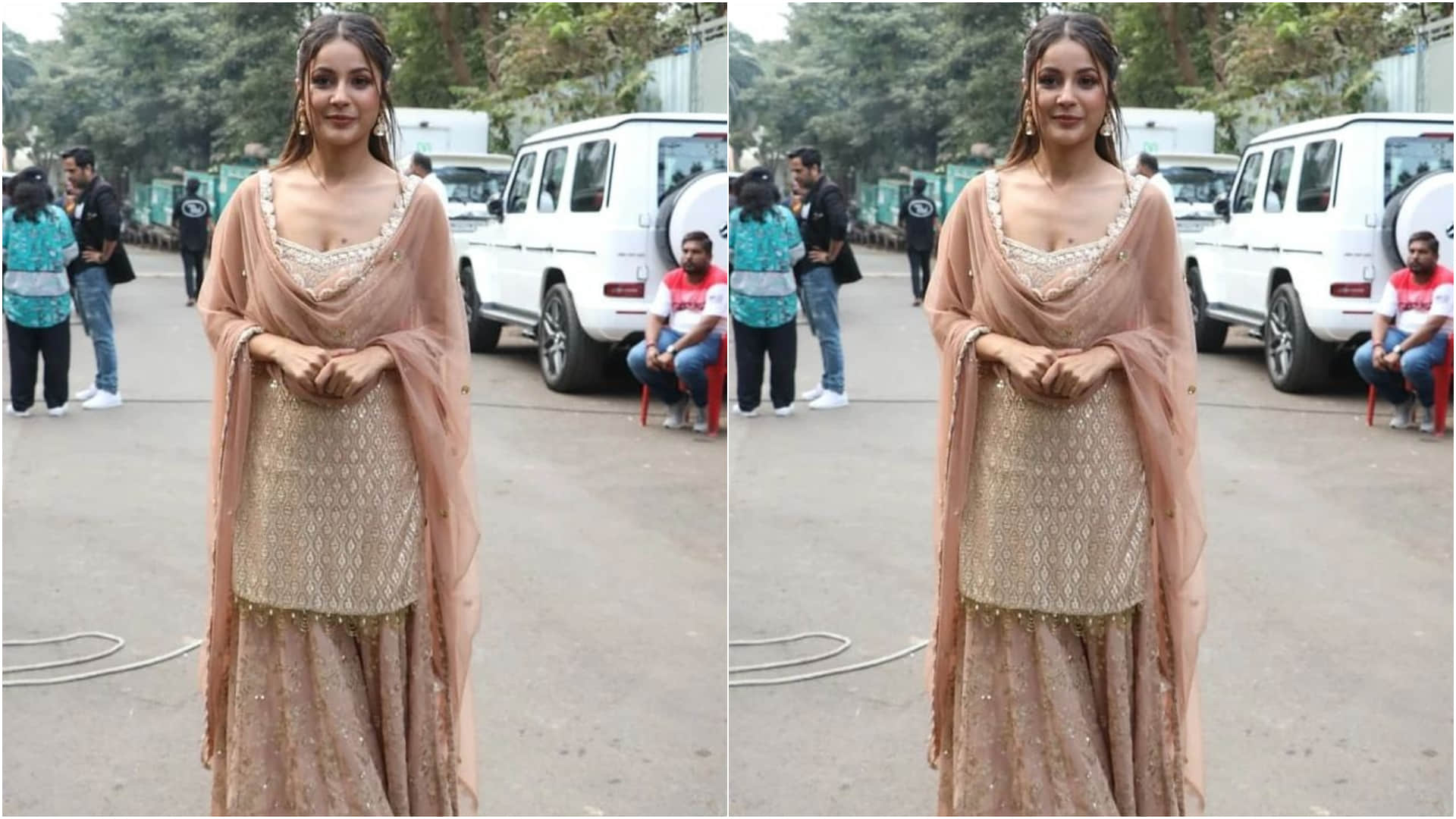 shehnaaz gill punjabi kudi avatar in rose gold kurti and sharara perfect for bridesmaid