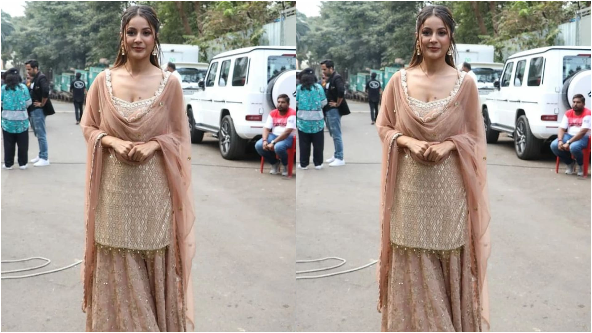 shehnaaz gill punjabi kudi avatar in rose gold kurti and sharara perfect for bridesmaid
