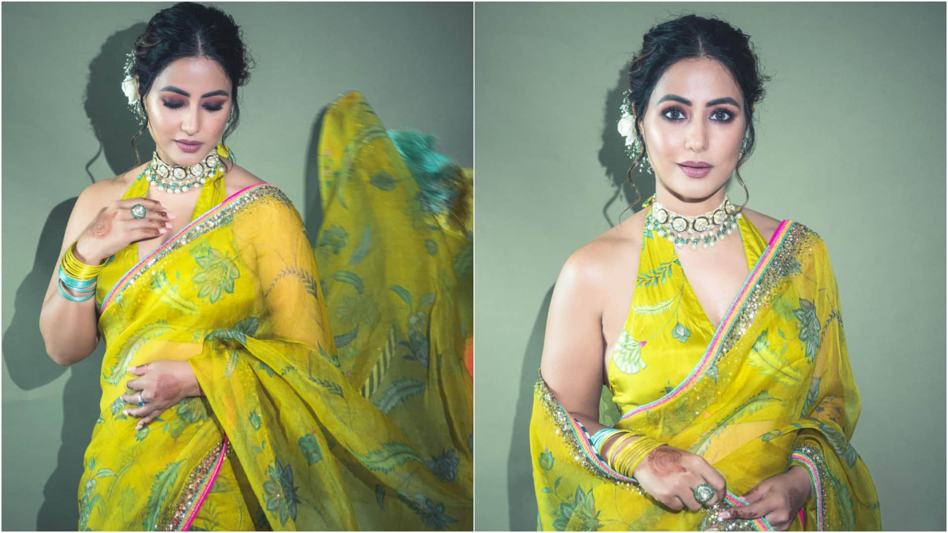 hina khan plunging neckline blouse with floral saree attend wedding
