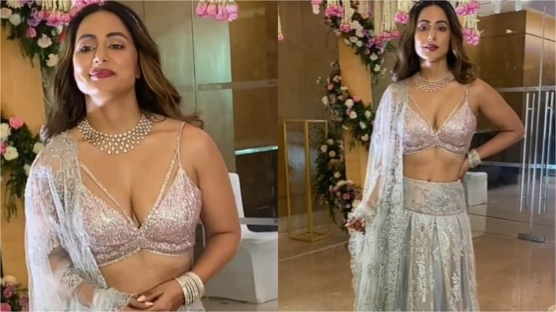 hina khan plunging neckline blouse with floral saree attend wedding