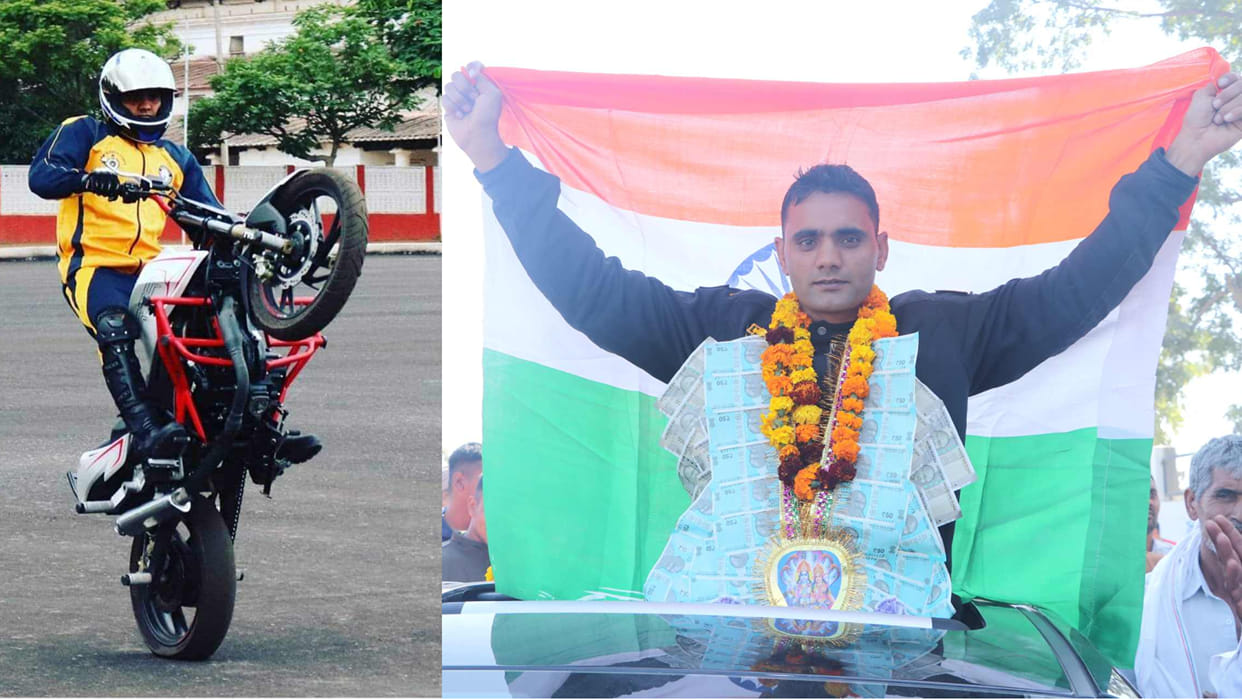 Manish of Rohtak Haryana created a world record by showing stunts on bike