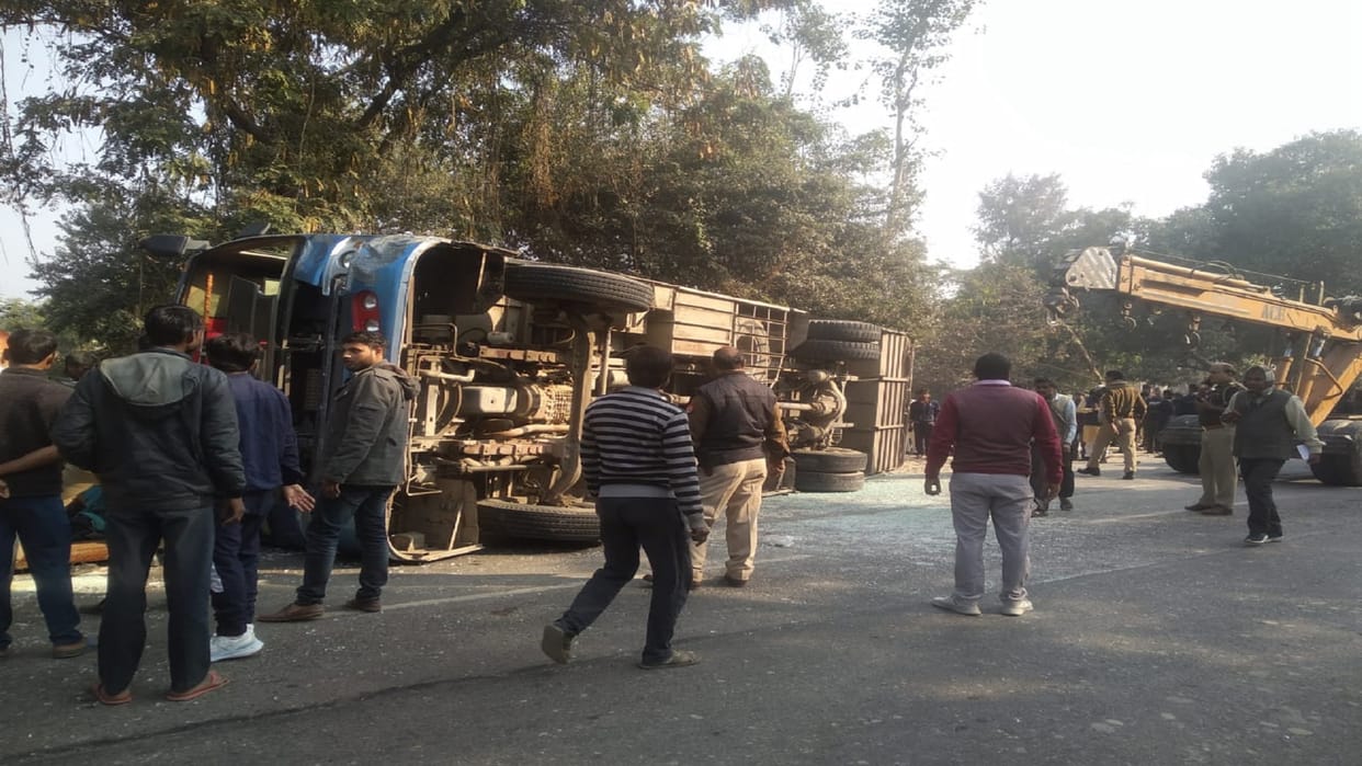 Bus full of students overturned two children died due to being buried under the bus 30 injured