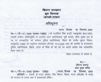 RS Bhatti became New DGP of Bihar, Government Notification Released