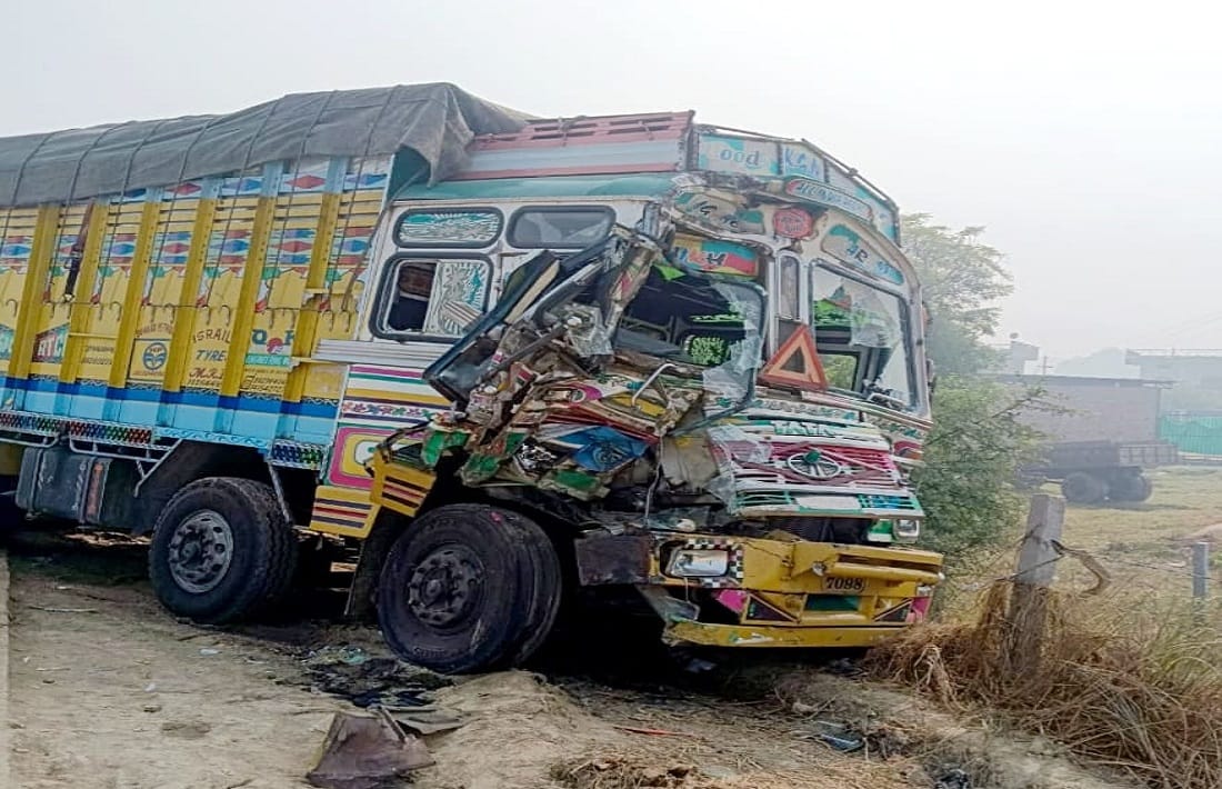 Road Accident in varanasi Another truck collided with standing truck due to dense fog one killed