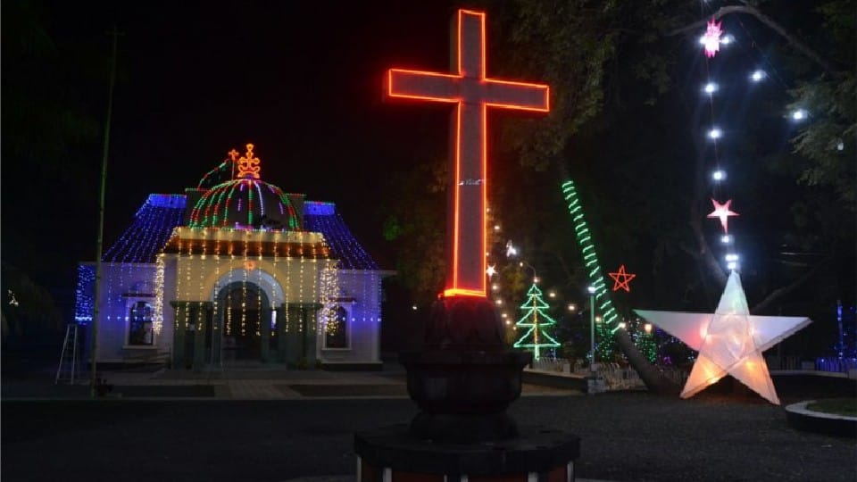 Christmas: Church illuminated with electric lights in Ujjain