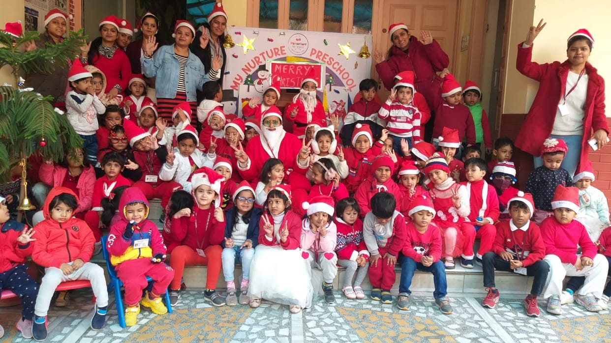 Merry christmas 2022 Children celebrated Christmas carnival, children danced on Jingle Bell in Santa's costume