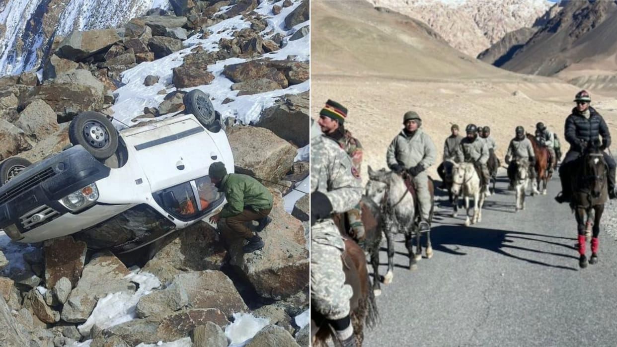 Indian Army troops evacuation of 2 civilians and Army horsemen travel Gapshan to Sultan Chusku in Ladakh
