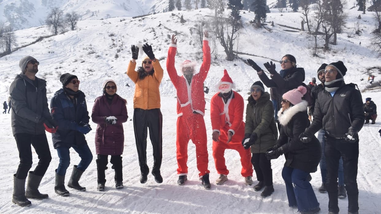 kashmir Santa claus appears on Christmas festival at world famous Ski resort in Gulmarg