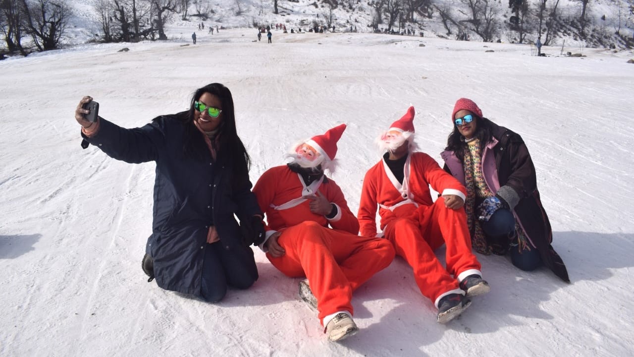 kashmir Santa claus appears on Christmas festival at world famous Ski resort in Gulmarg