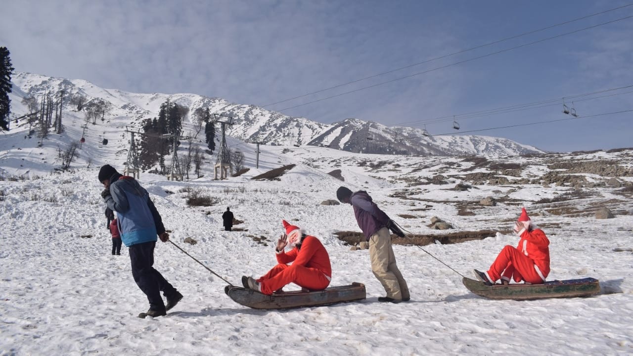 kashmir Santa claus appears on Christmas festival at world famous Ski resort in Gulmarg