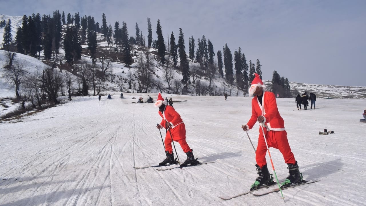 kashmir Santa claus appears on Christmas festival at world famous Ski resort in Gulmarg