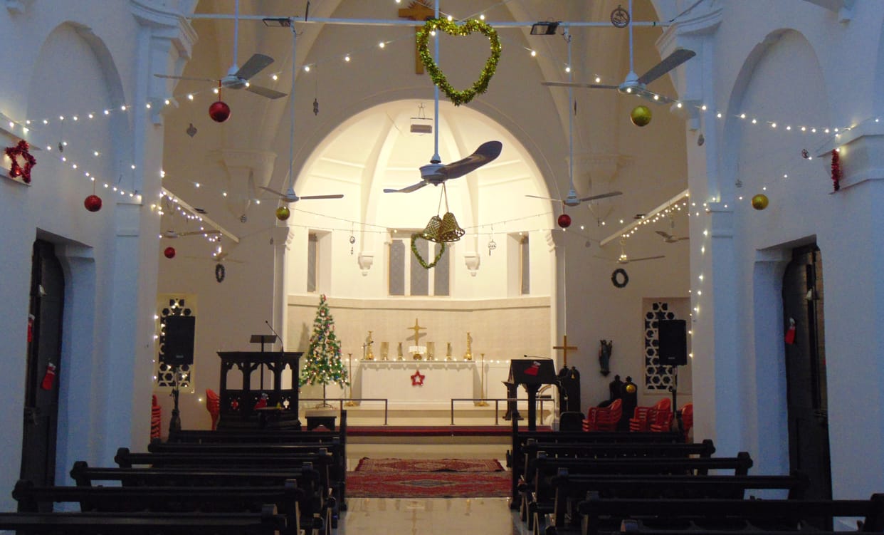 Church decorated with colored frills on Christmas Day