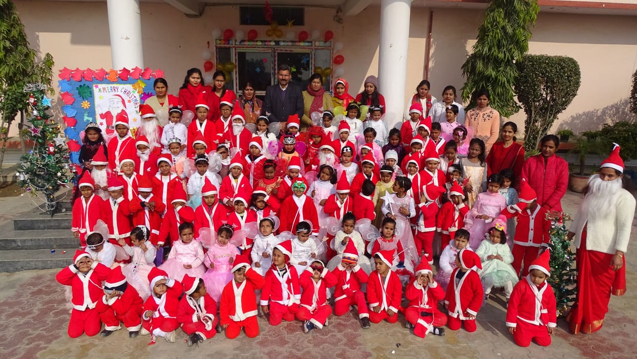 Children dressed as Santa Claus arrived at school with gifts