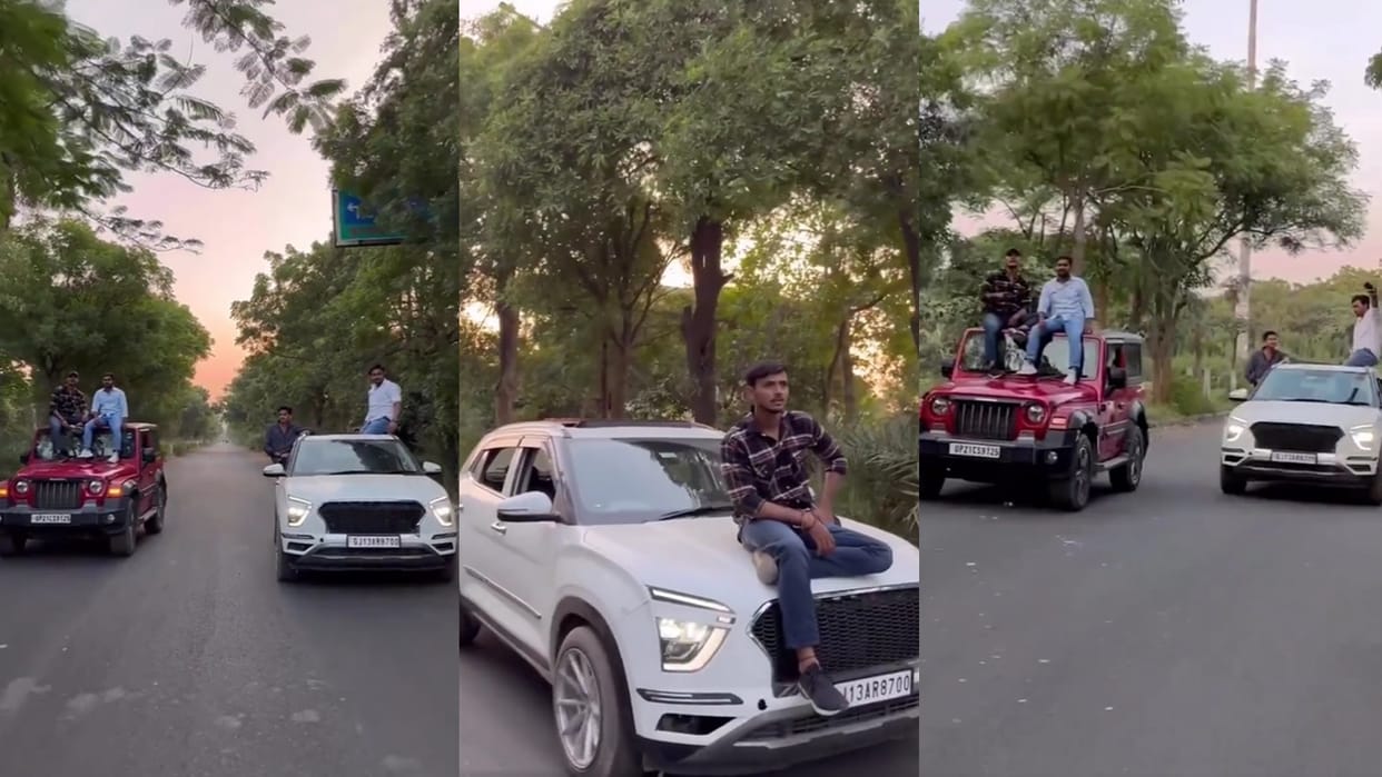 Video of youth doing stunts sitting on top of car running on the road in Moradabad went viral