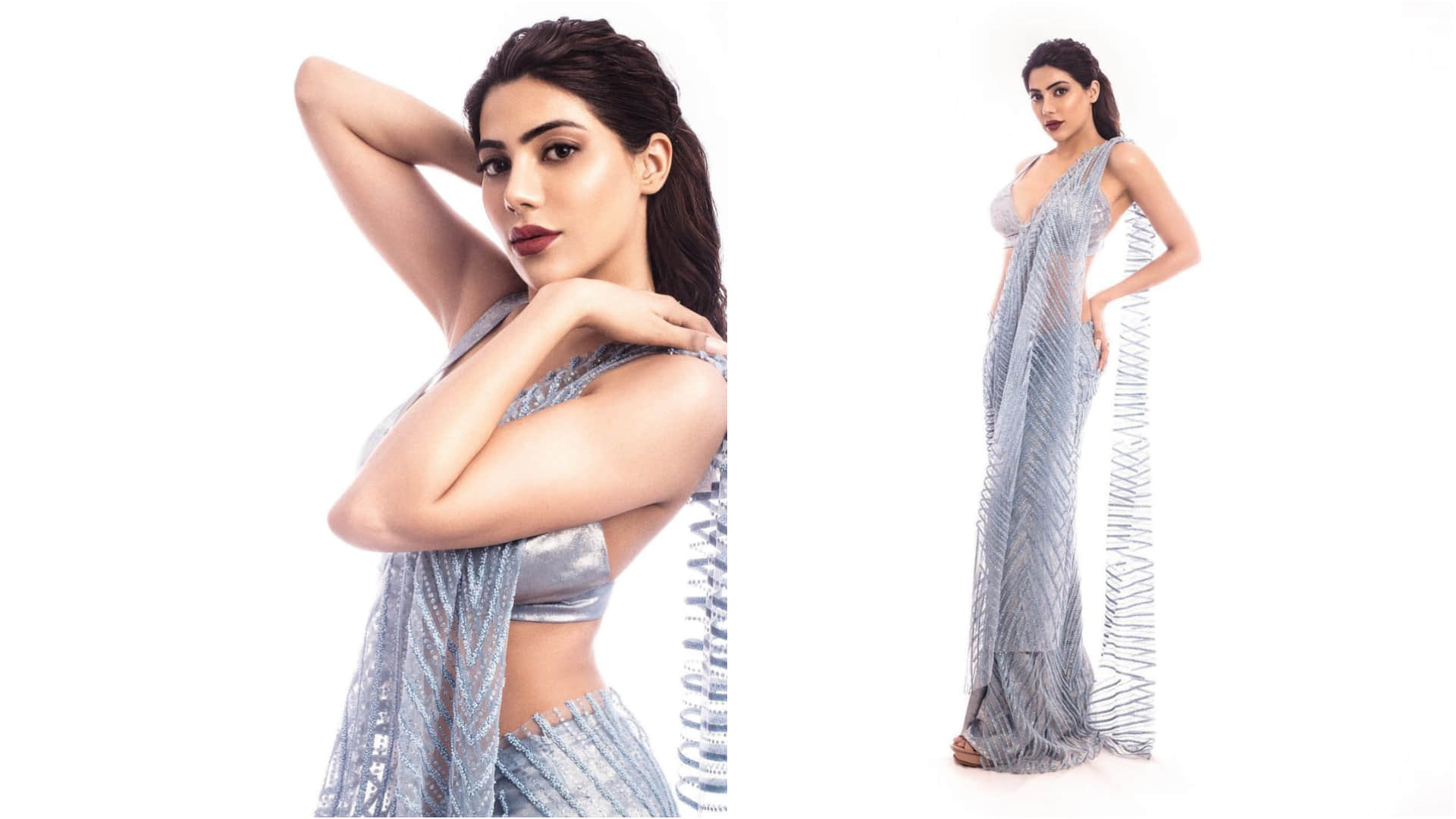nikki tamboli silver sheer saree with bikini blouse design looks sultry