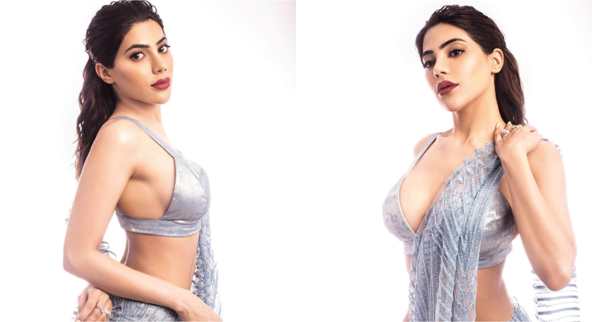 nikki tamboli silver sheer saree with bikini blouse design looks sultry