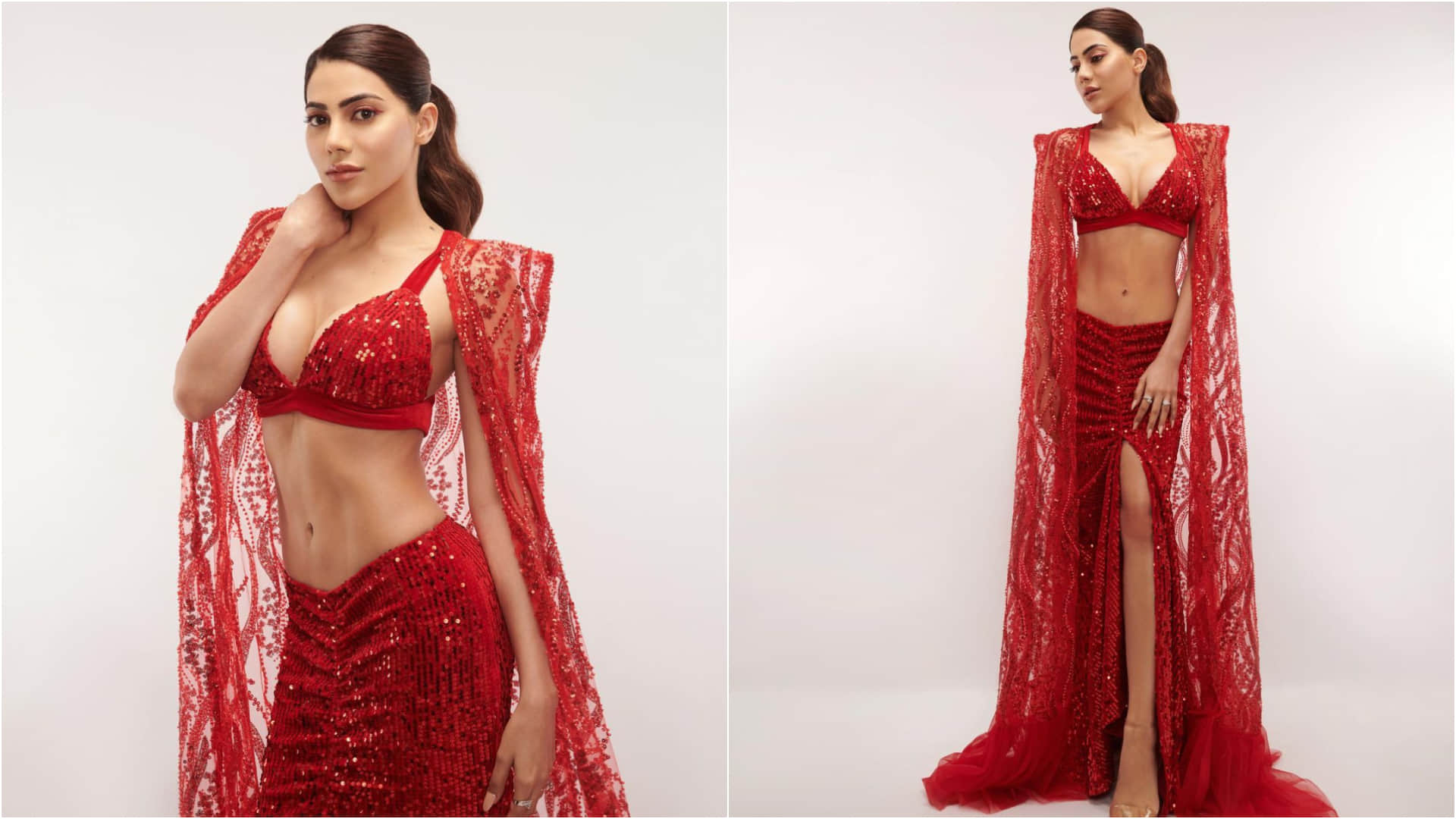 nikki tamboli silver sheer saree with bikini blouse design looks sultry