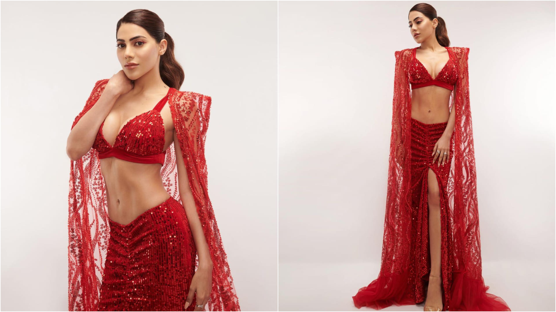 nikki tamboli silver sheer saree with bikini blouse design looks sultry