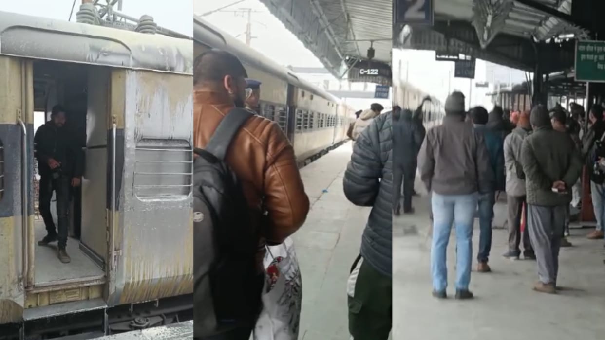 Ghaziabad railway station emu standing on platform catches fire passengers saved life by jumping off