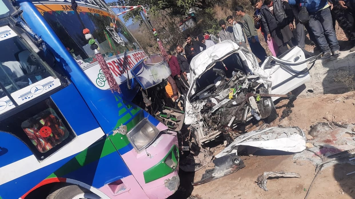 rajouri accident: bus car collided Two dead including a pregnant lady on highway in nowshera rajouri