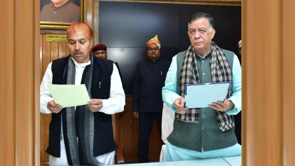 Khatauli MLA Madan Bhaiya takes oath in vidhan bhawan in Lucknow.
