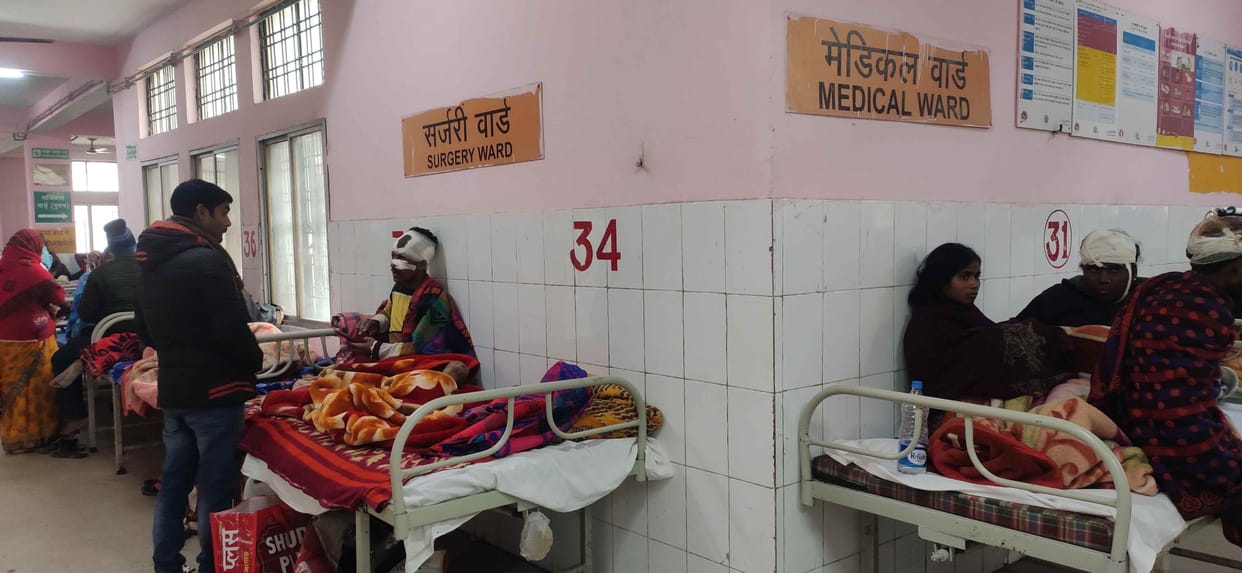 Patients chilling in district hospital, skylight is open in children's ward