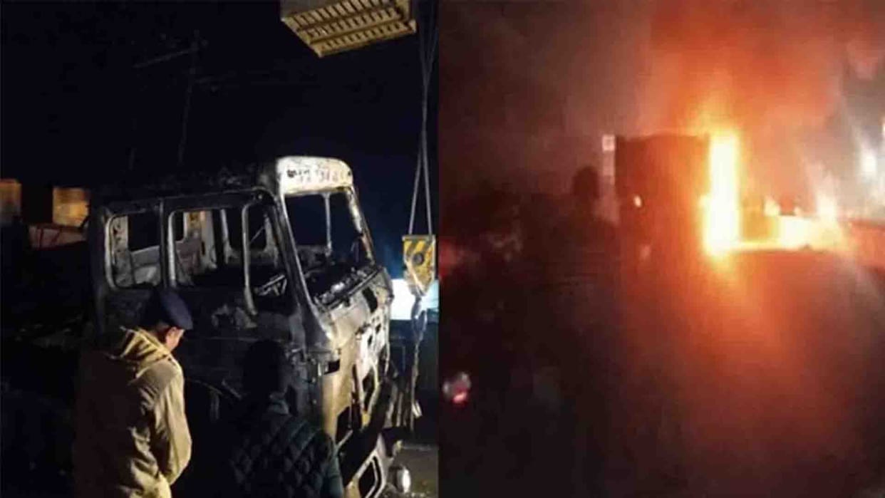 Dumper and scooty caught fire after collision, female died case in banda