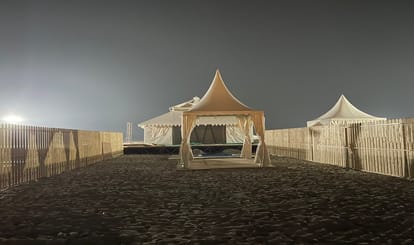 Tent City Varanasi Tourists of Tent City will take a dip in the floating jetty floating bath pools being built