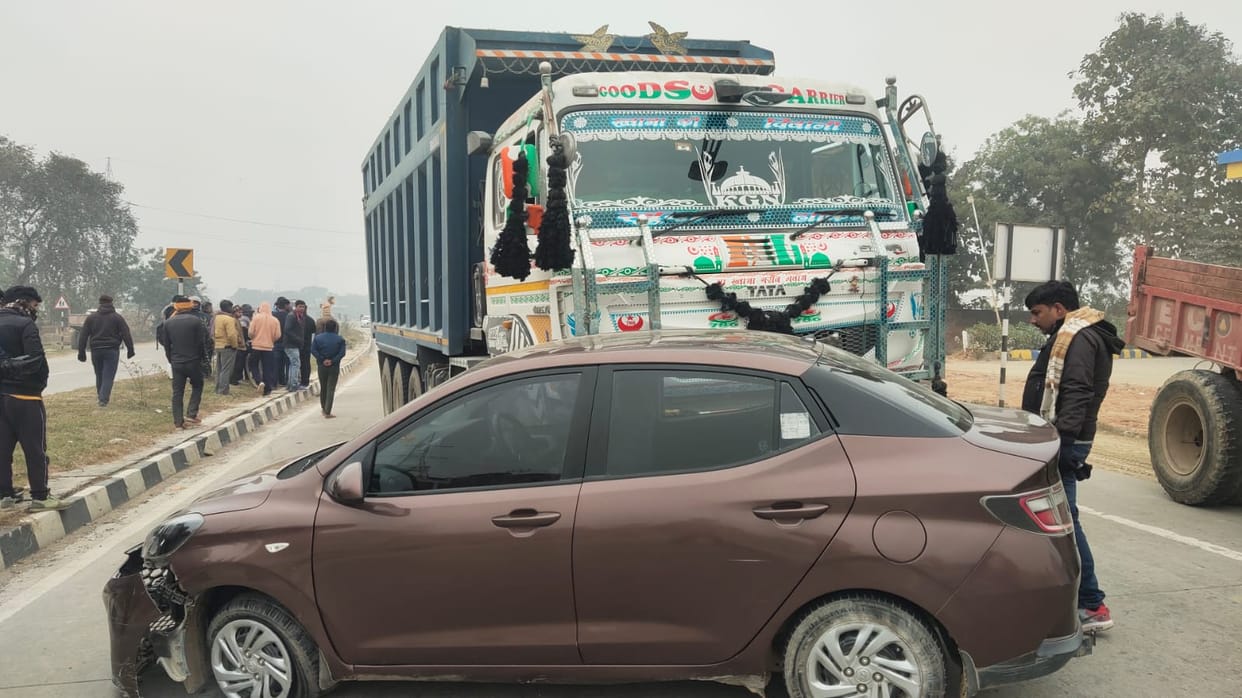 Dumper hit car while overtaking in varanasi  car riders souls trembled